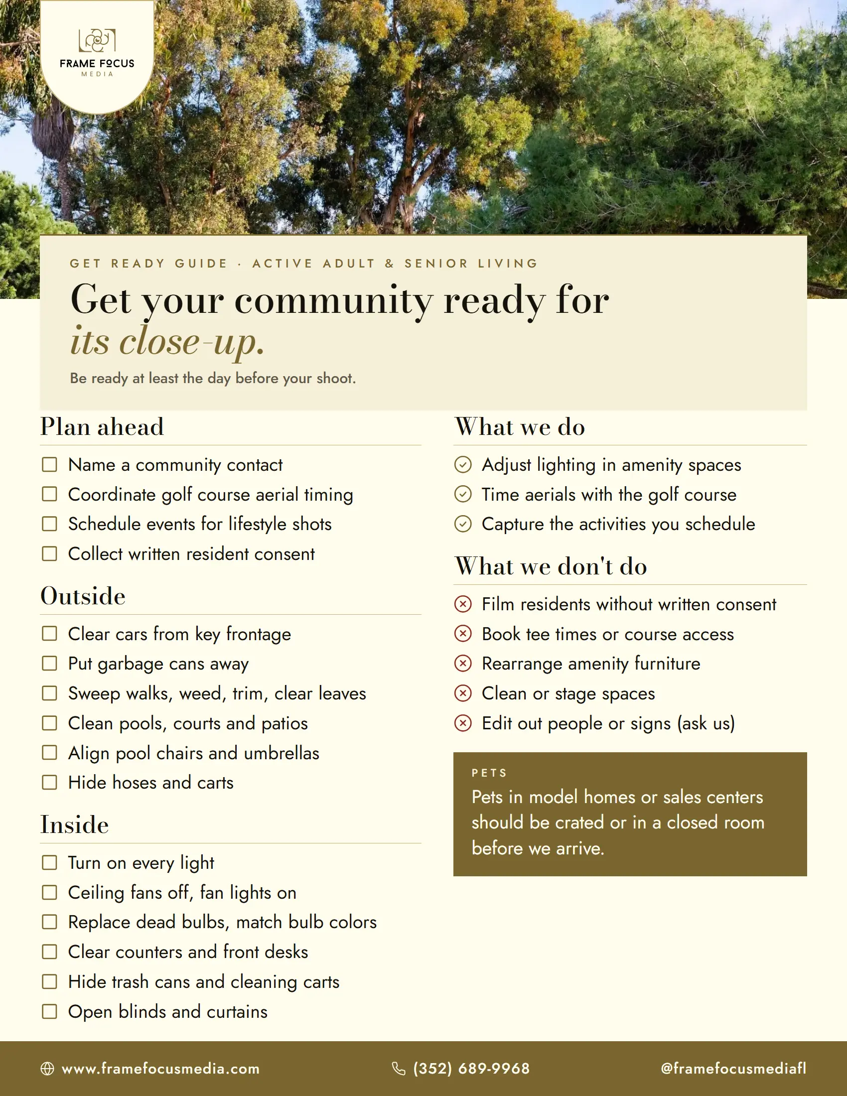 Get-ready checklist for a FrameFocus Media 55+ community shoot: plan-ahead, outside and inside steps, what we do and what we don't, and the pet rule