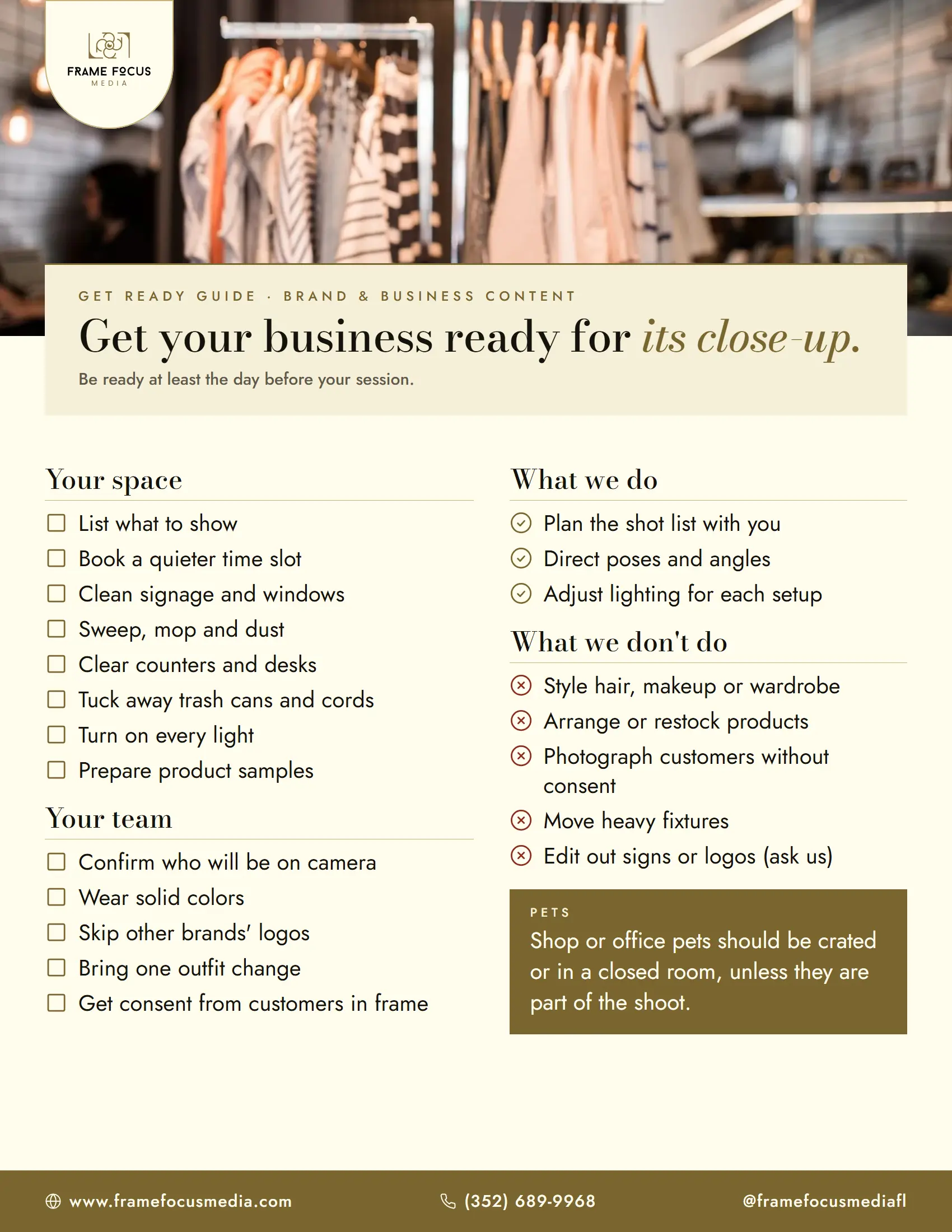 Get-ready checklist for a FrameFocus Media brand and business content session: your space and your team, what we do and what we don't, and the pet rule