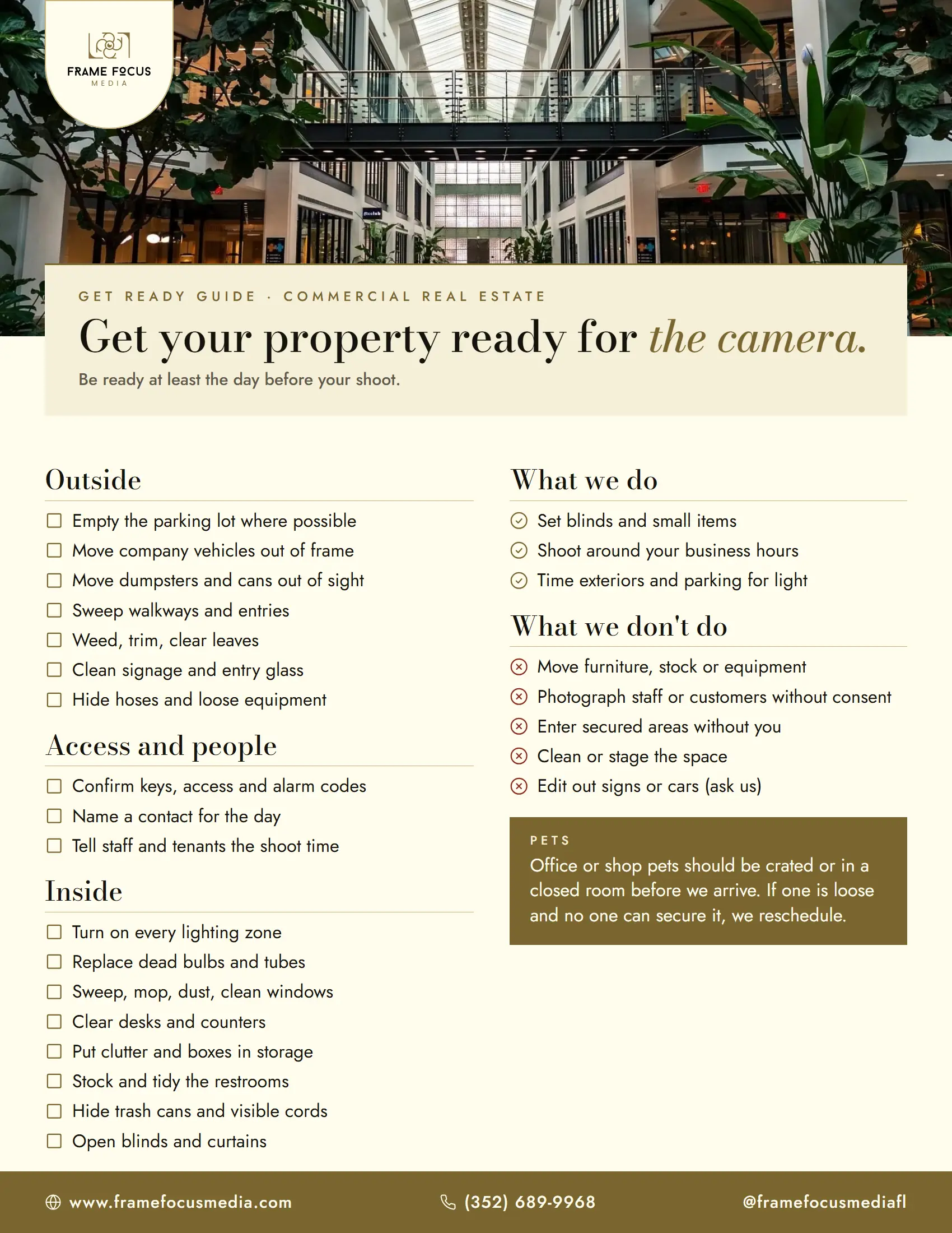 Get-ready checklist for a FrameFocus Media commercial real estate shoot: outside, access and people, and inside steps, what we do and what we don't, and the pet rule