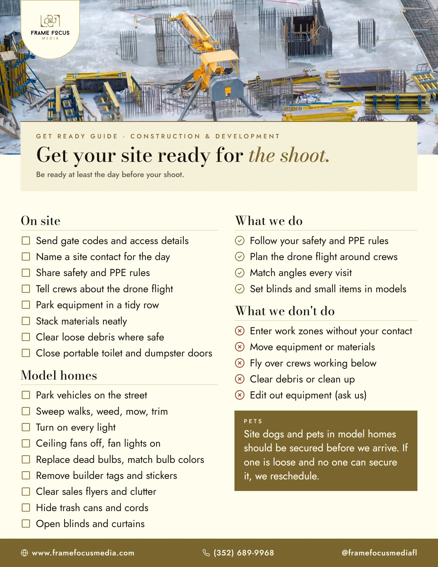 Get-ready checklist for a FrameFocus Media construction shoot: on-site and model home steps, what we do and what we don't, and the pet rule