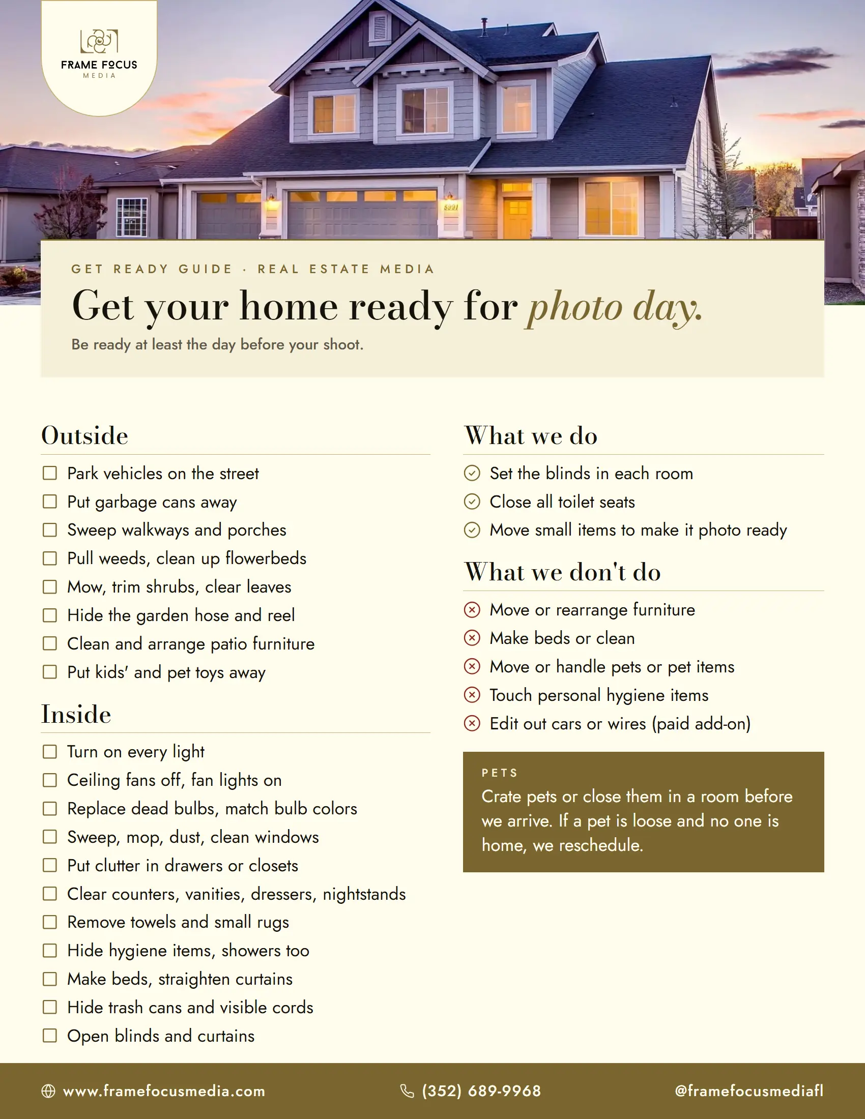 Get-ready checklist for a FrameFocus Media real estate shoot: outside and inside steps, what we do and what we don't, and the pet rule
