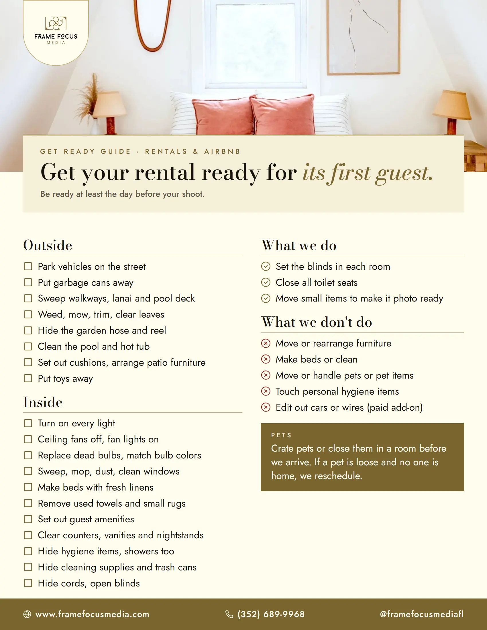 Get-ready checklist for a FrameFocus Media rental and Airbnb shoot: outside and inside steps, what we do and what we don't, and the pet rule